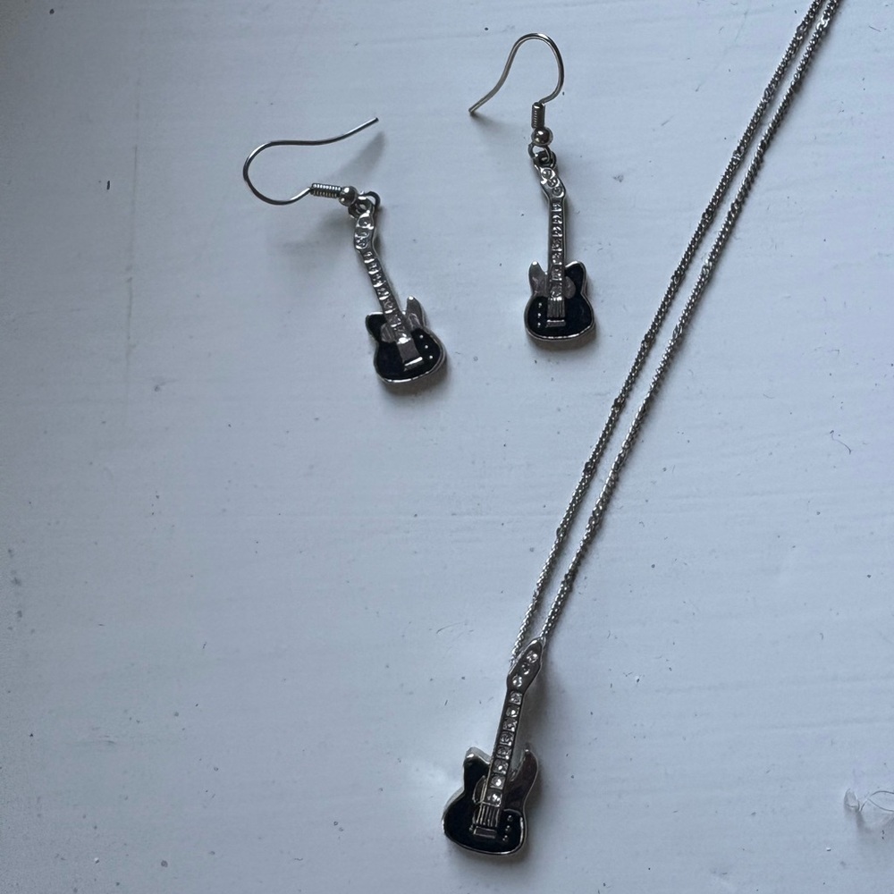 Guitar Pendant Necklace and Earrings Set - Black and Silver